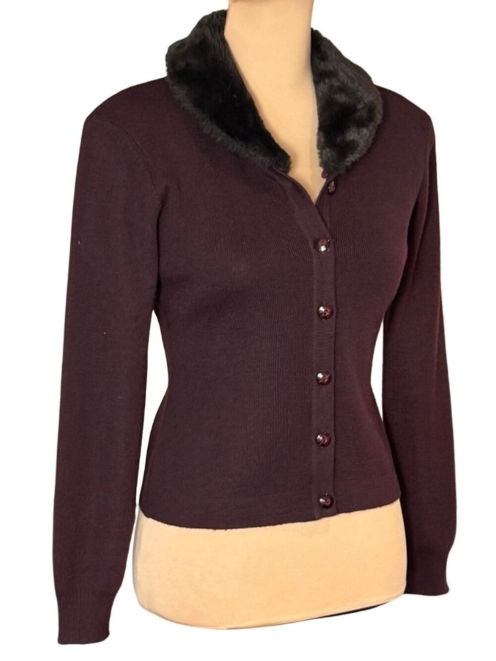 Vintage 80s Fur Collar Button Cardigan M Whimsigoth Y2K Shrunken Buffay